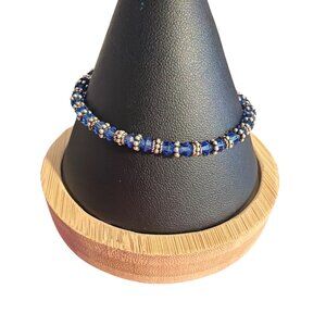 Vtg Silver Tone Blue Glass Crystal Bead Bracelet Toggle Clasp 7" Estate 8.45g